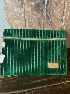 Mario Badescu Emerald Velvet Pouch with Gold Stripes